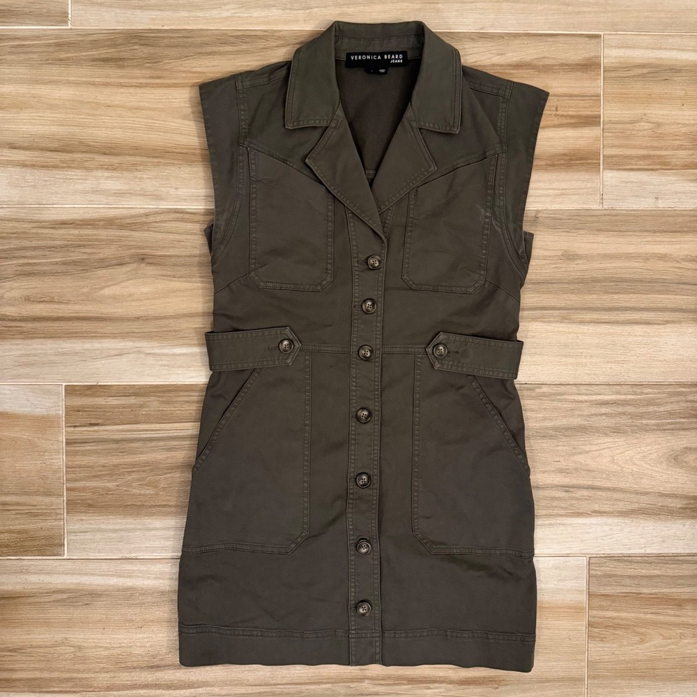 Veronica Beard Jeans Olive Green Utility Button Front Mini Dress Size 4 J2305492